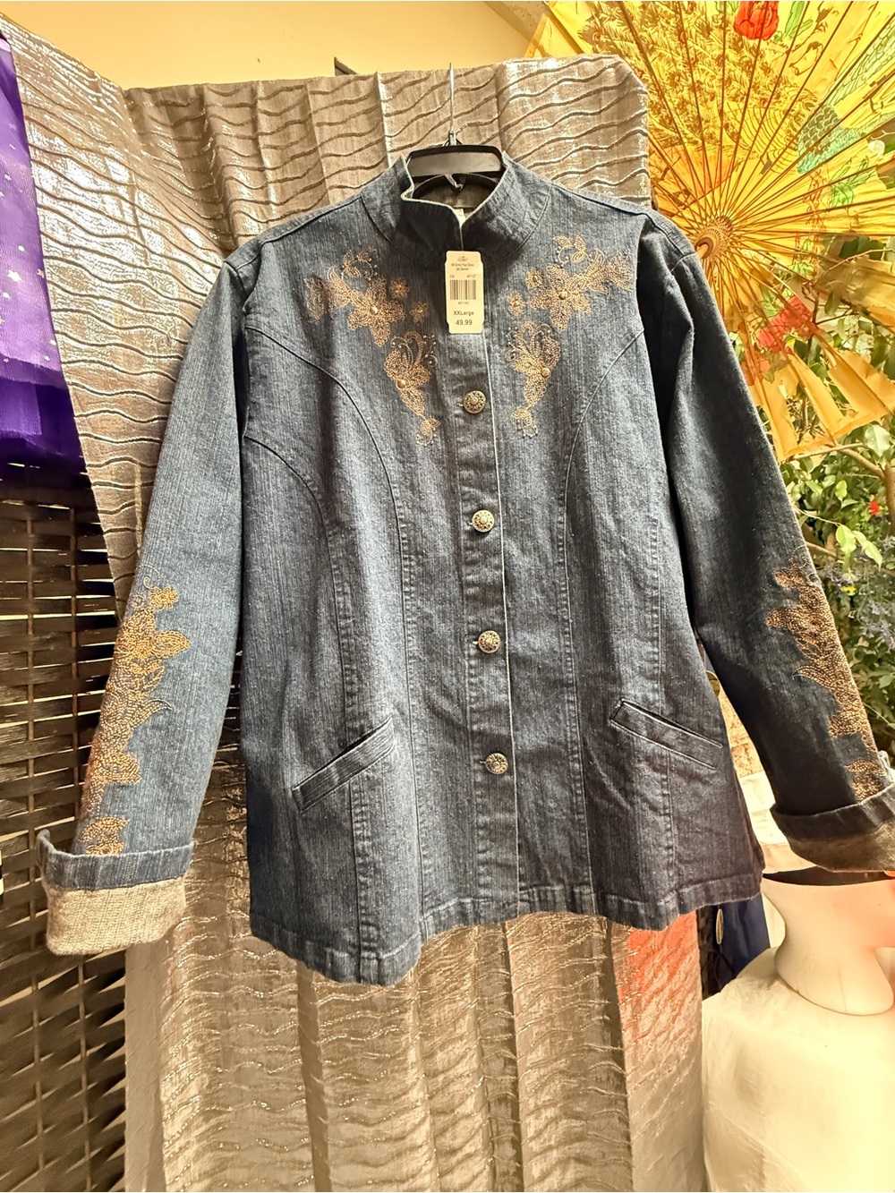Women's Blue WESTERN VINTAGE BOHO Denim Embroidered Stand-Collar Jacket
